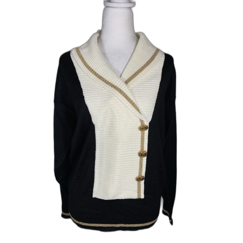 Bob Mackie Wearable Art Sweater Womens S Black Cream Gold Pullover Artsy Glam